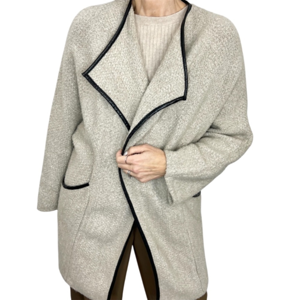 Zara beige wool blend leather trim oversized open front knit cardigan coat S
